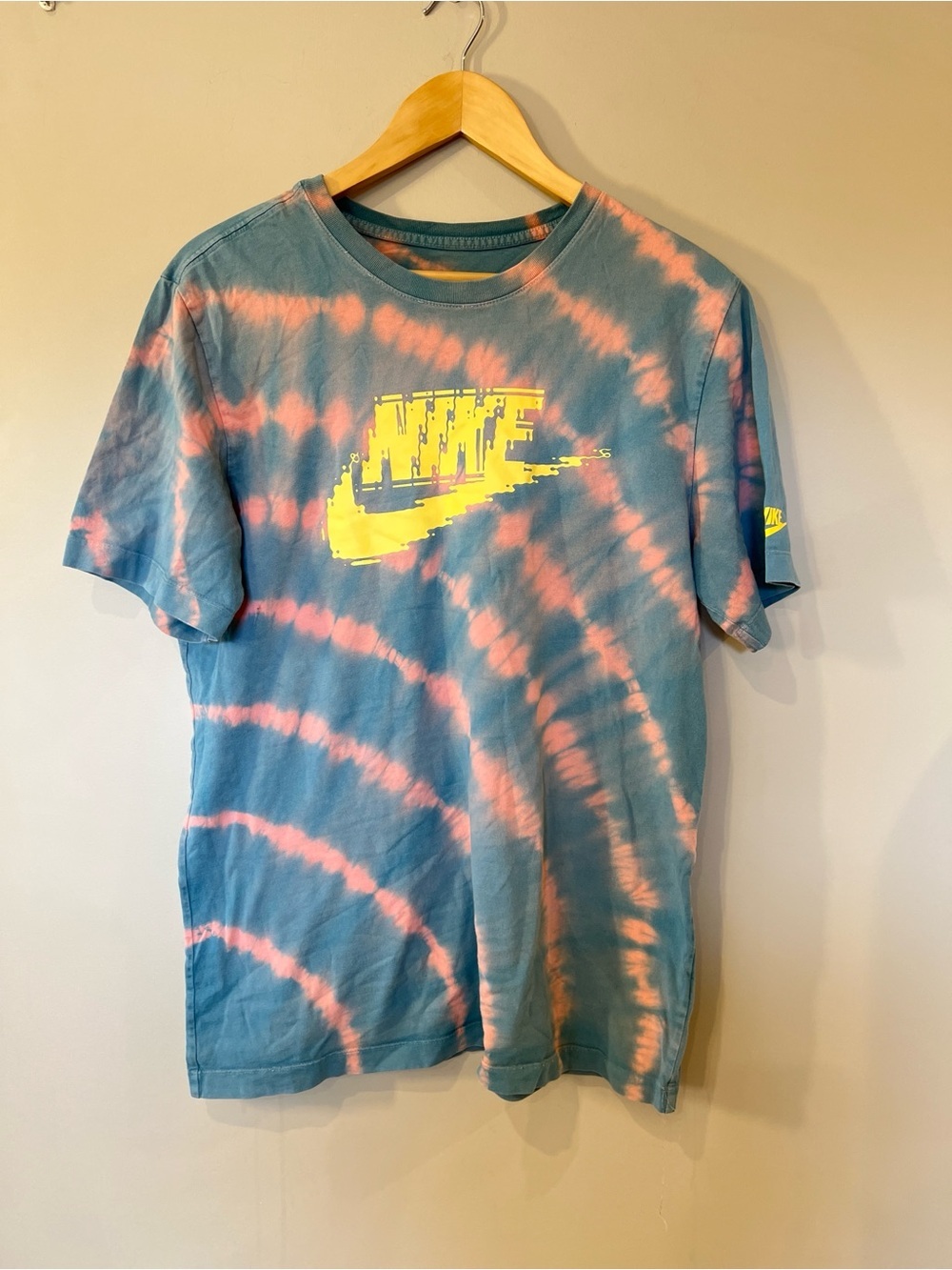 Nike Short Sleeve Tie-Dye Tee in Blue and Pink with Yellow Logo